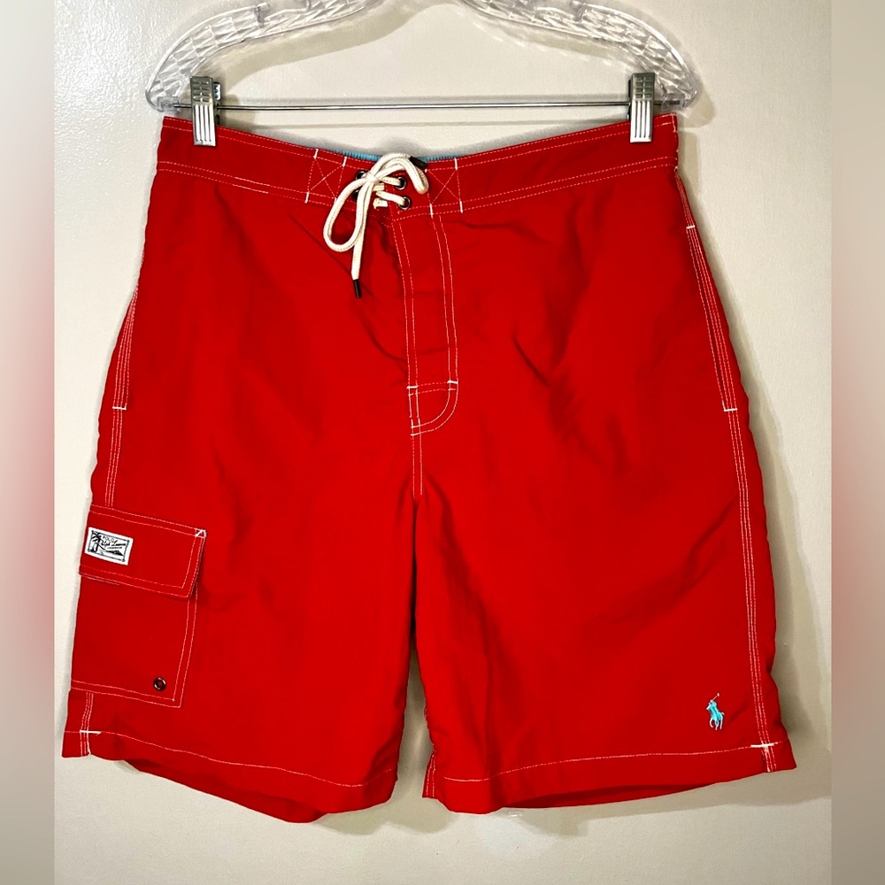 Polo Ralph Lauren Trunks Men's Medium Red Teal Trim Drawstring Worn 1X